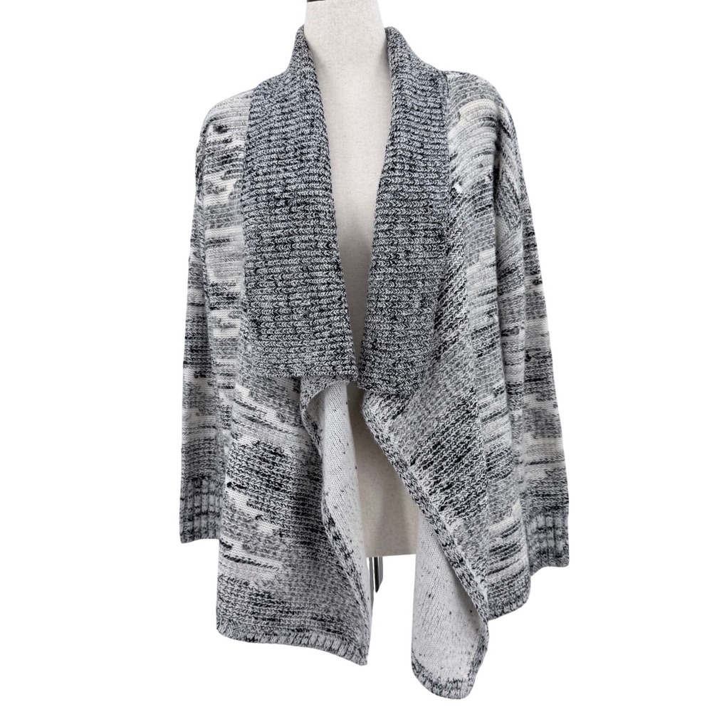Lou & Grey Marled Black White Gray Shall Collar Knit Open Front Cardigan Sweater